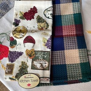 Ritz cotton terry dish towel, vineyard motif & burgundy plaid tea towel